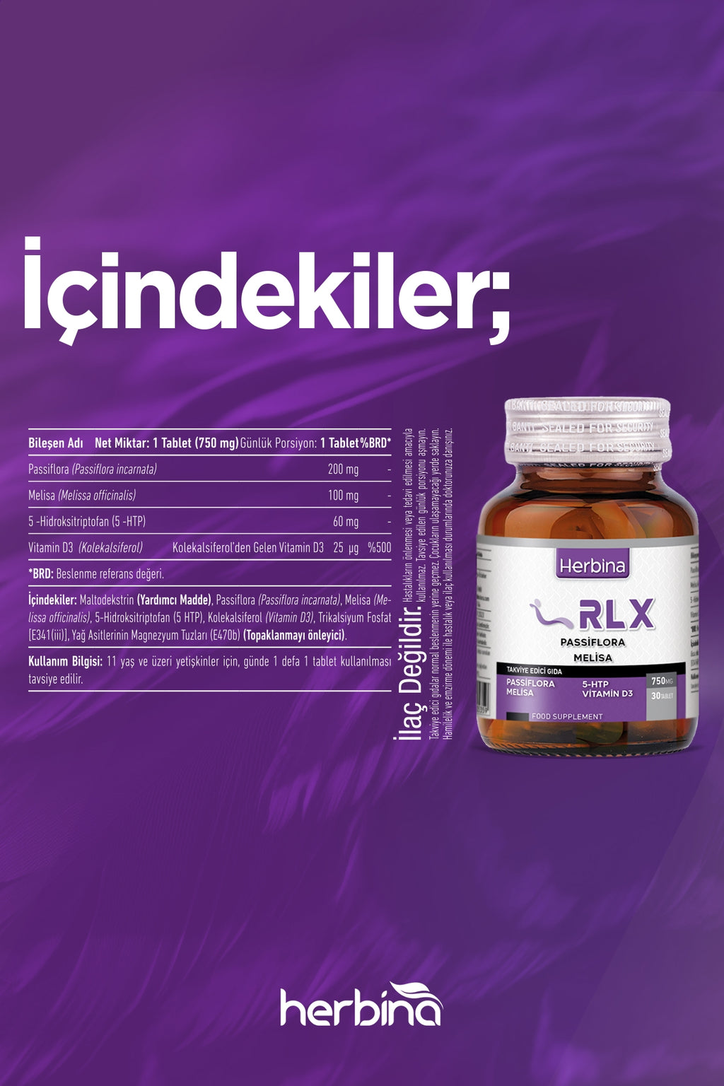 Herbina RLX 750mg Bitkisel Uyku Takviyesi 30 Tablet
