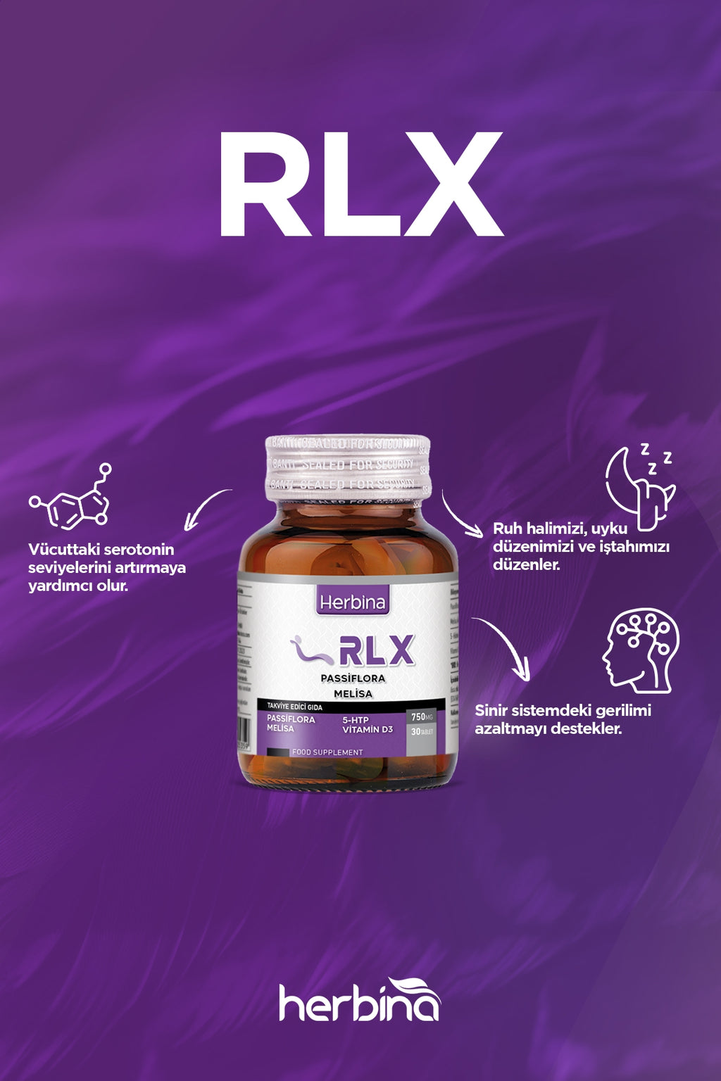 Herbina RLX 750mg Bitkisel Uyku Takviyesi 30 Tablet