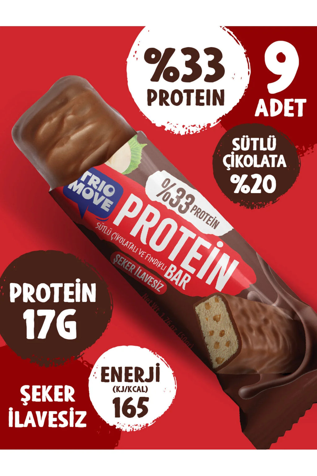 Trio Move %33 Protein Bar 9'lu Kutu - Parçacıklı Fındık Bar