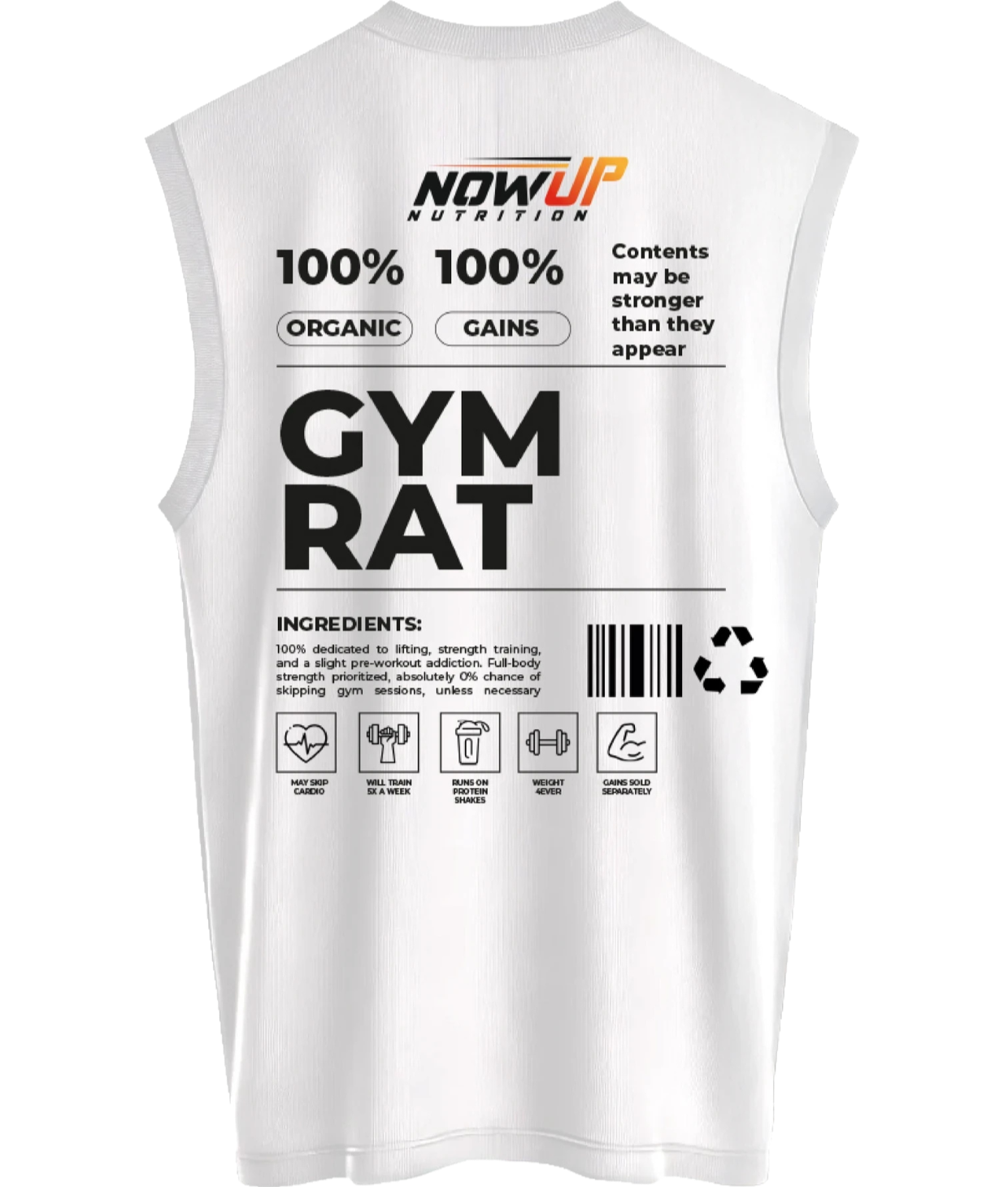 NOWUP NUTRITION Men's Oversize Sports Undershirt Cotton - White Gym Rat Secondary image