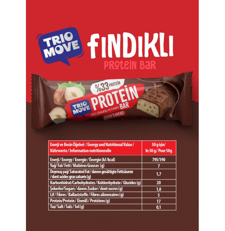 Trio Move %33 Protein Bar Parçacıklı Fındık 50g - Yüksek Protein (Tekli)