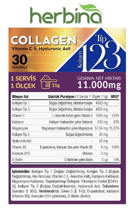 Herbina Tip 1-2-3 Kolajen Karışım Kivi Aromalı Şase (30lu Kutu)