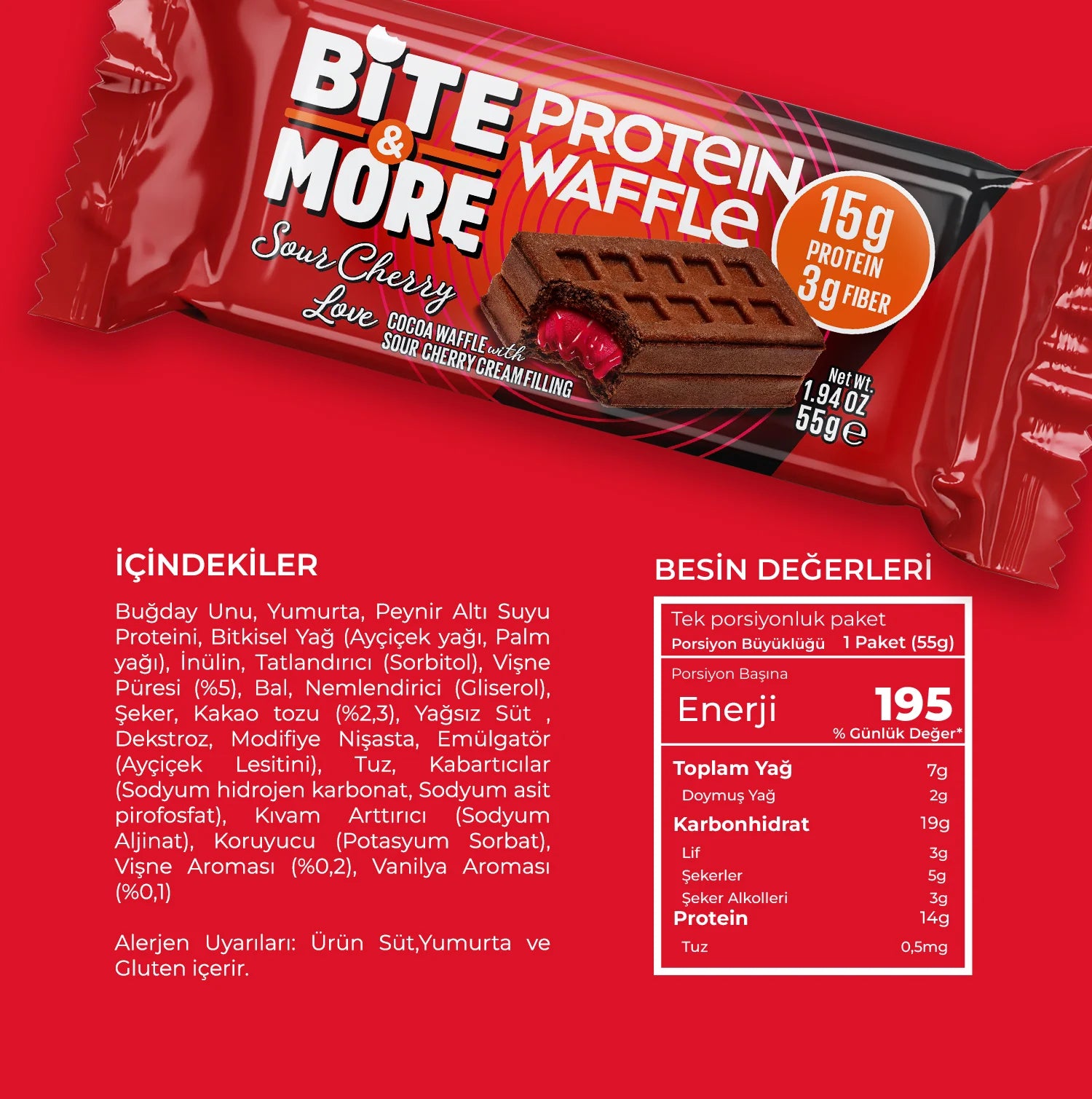 Bite & More Sour Cherry Love Protein Waffle 55g - Vişne Dolgulu (Tekli)
