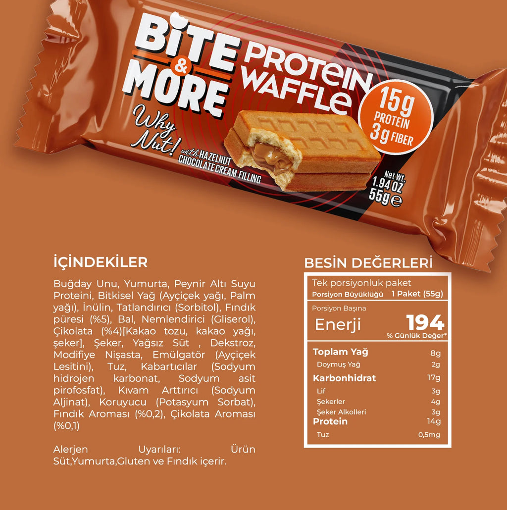 Bite & More Why Nut? Protein Waffle 12'li Kutu 55g - Fındıklı