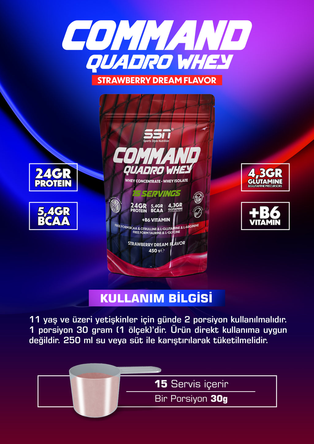 SSN Command Quadro Whey 450g - Strawberry Flavored Protein Powder (Doypack)