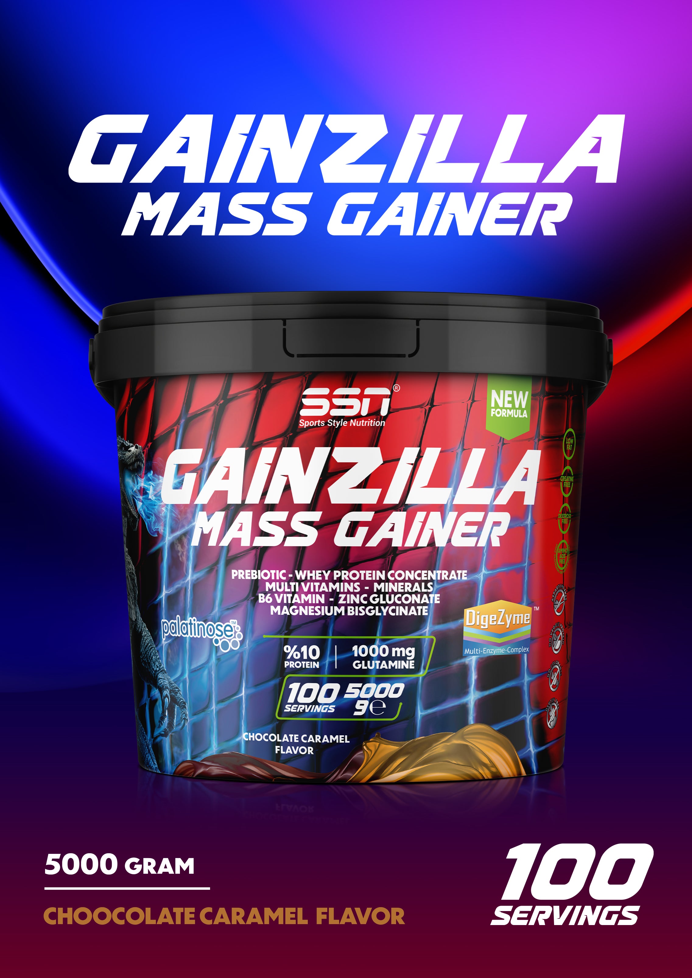 SSN Gainzilla Mass Gainer 5000g Chocolate and Caramel Flavored Carbohydrate