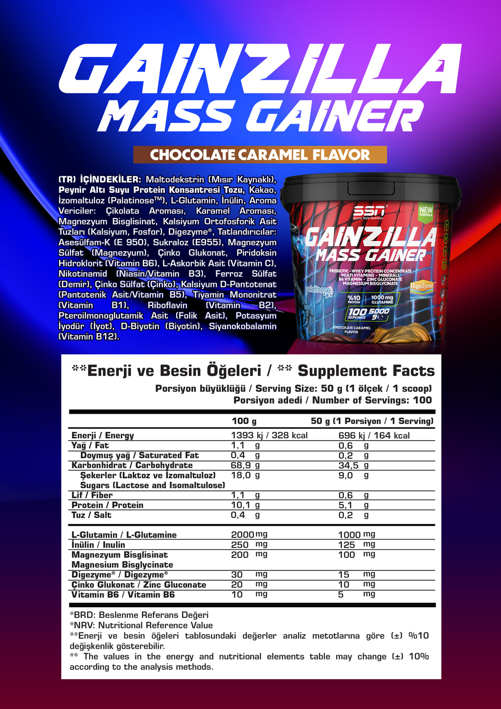 SSN Gainzilla Mass Gainer 5000g Chocolate and Caramel Flavored Carbohydrate