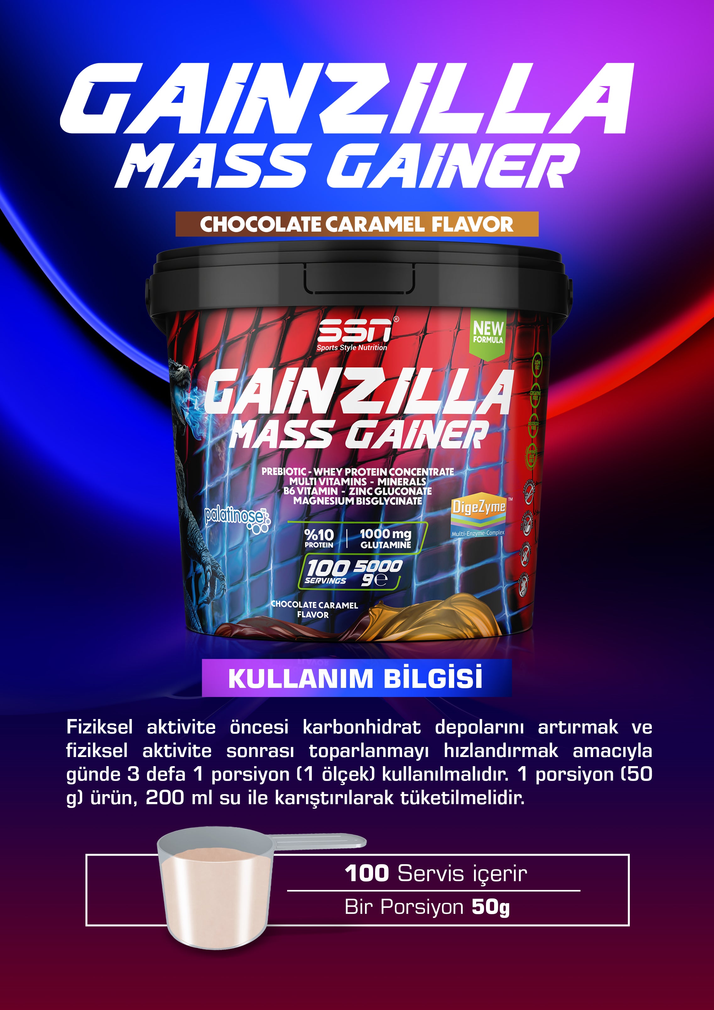 SSN Gainzilla Mass Gainer 5000g Chocolate and Caramel Flavored Carbohydrate