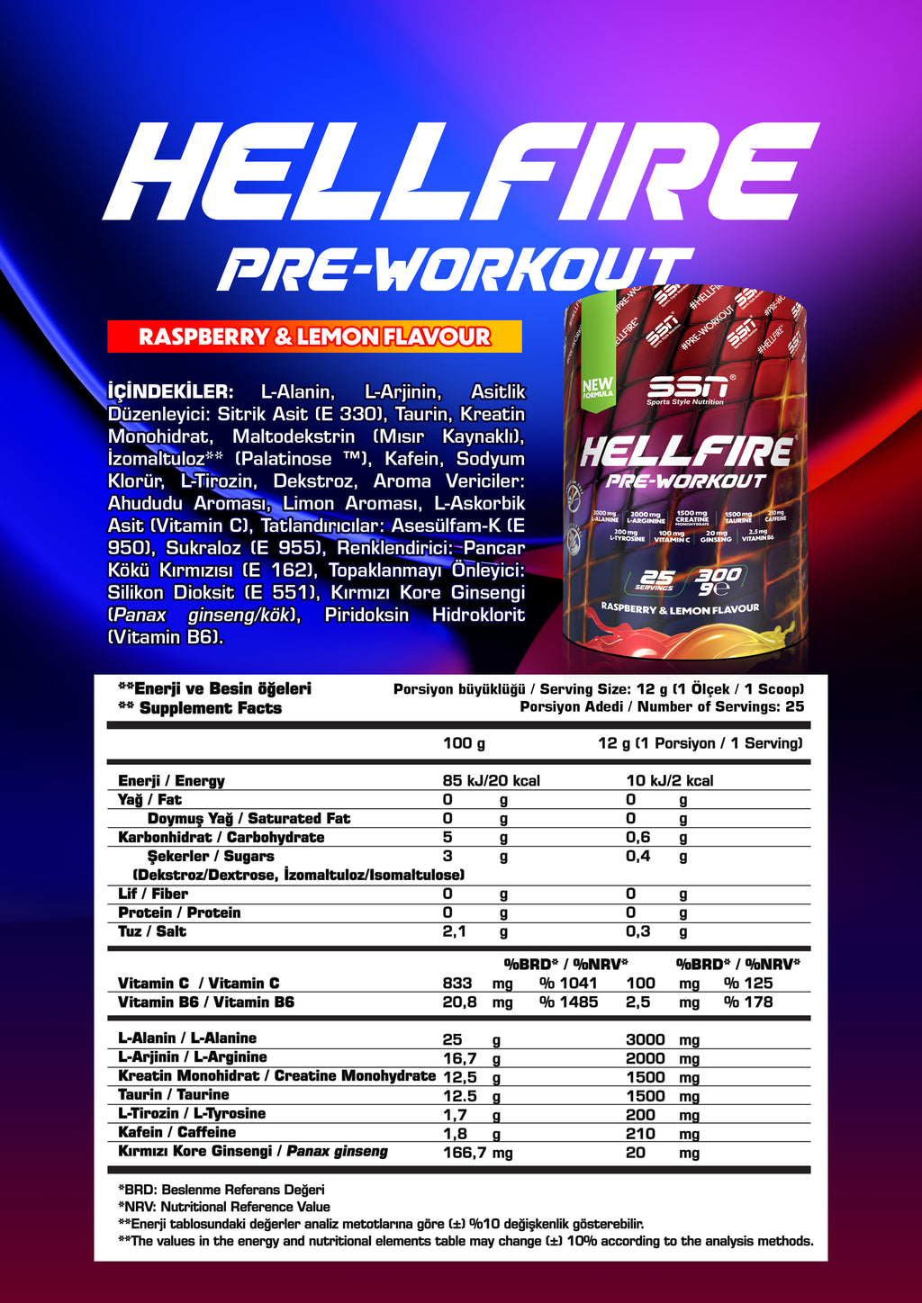 SSN HellFire Pre-Workout 300g - Ahududu Limon Aromalı