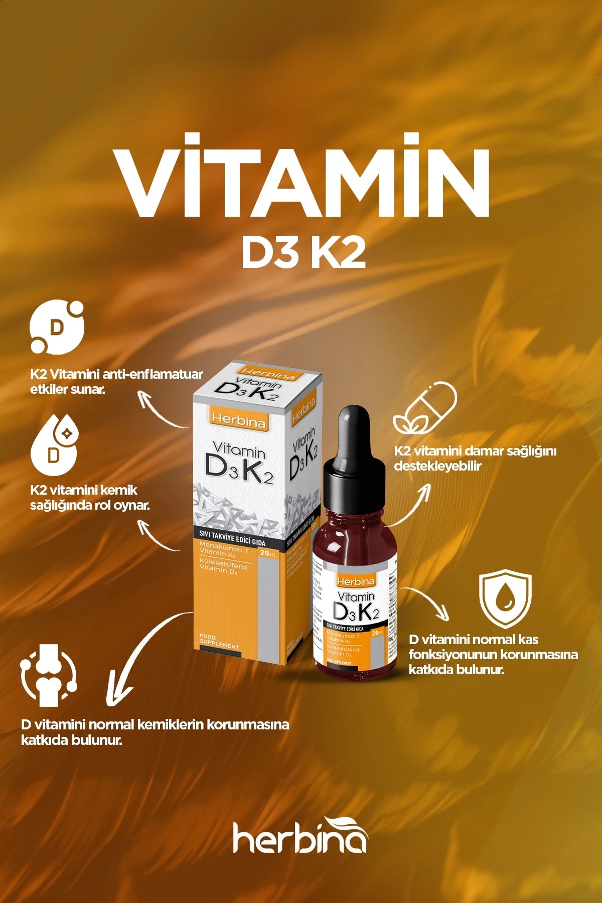 Herbina D3K2 Vitamini Likit Damla 20ml (D3 - 25 µg / K2 - 100 µg)