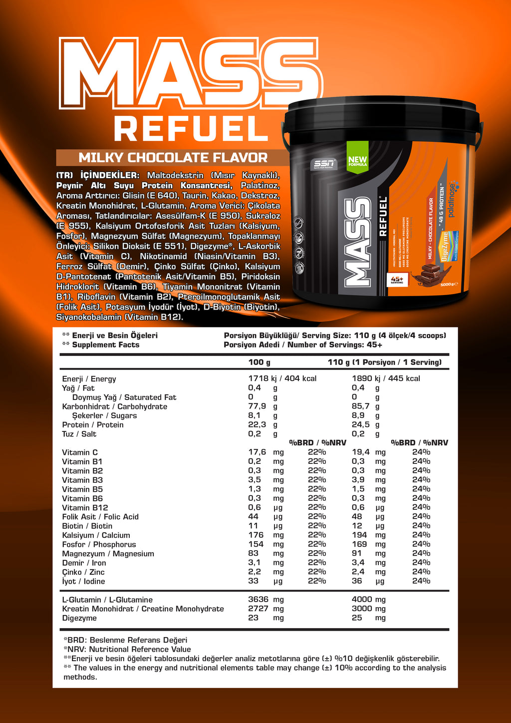 SSN Mass Refuel Karbonhidrat Tozu 5000g - (Çikolata)