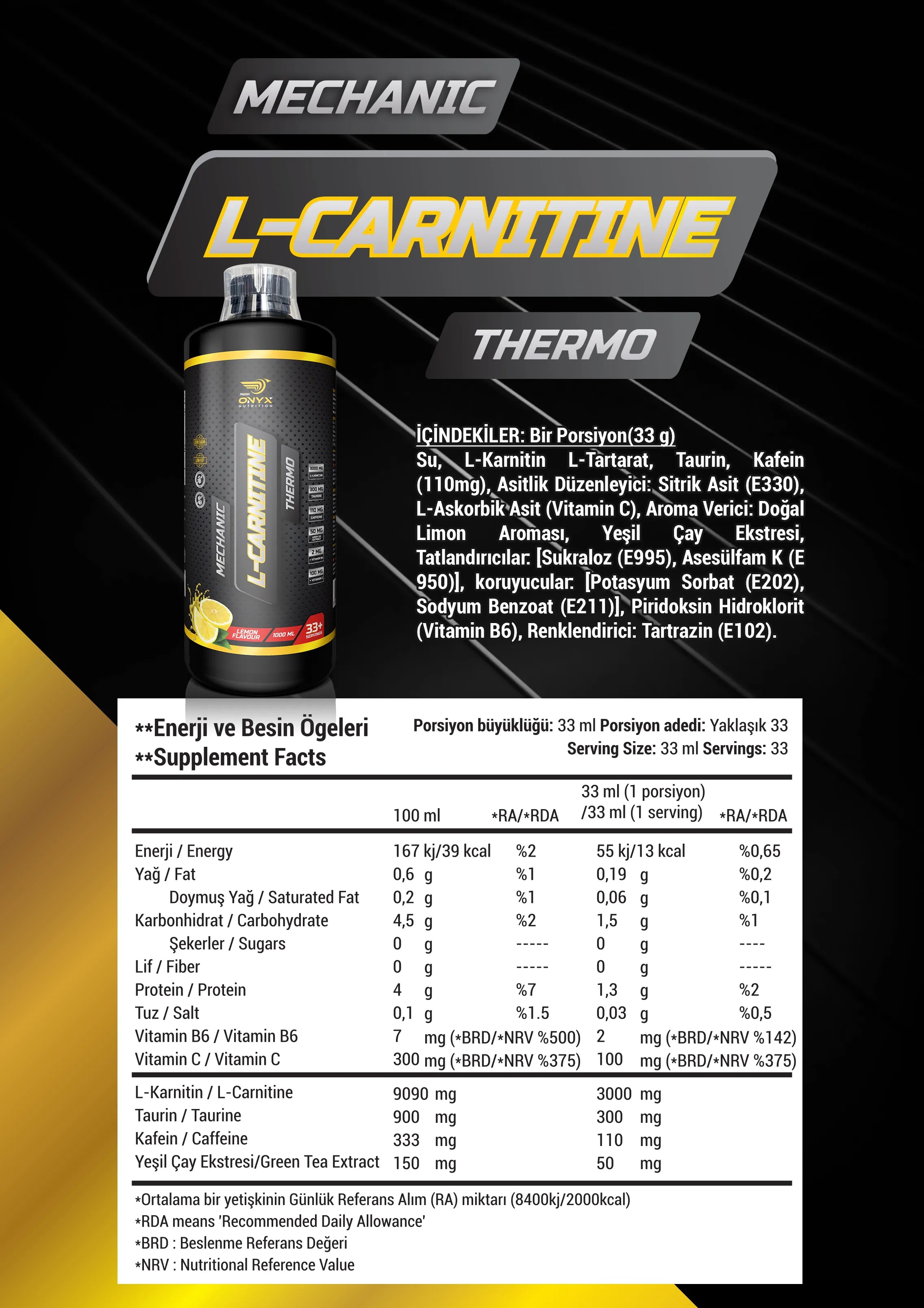 ONYX Sıvı L-Carnitine Thermo 1000ml Limon Aromalı Karnitin