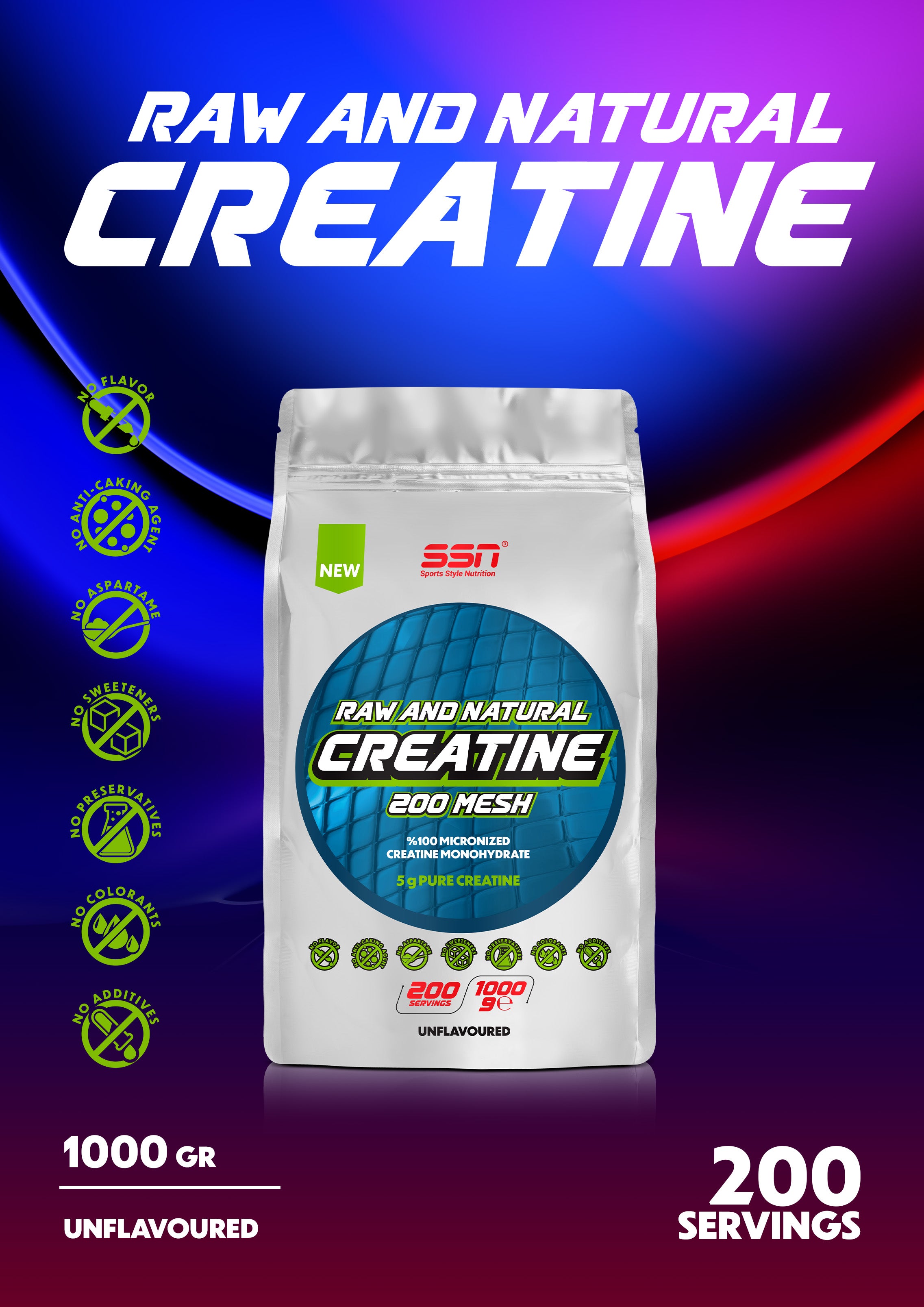 SSN Creatine 1000g Unflavored 200 Servings Raw and Natural Creatine Secondary image