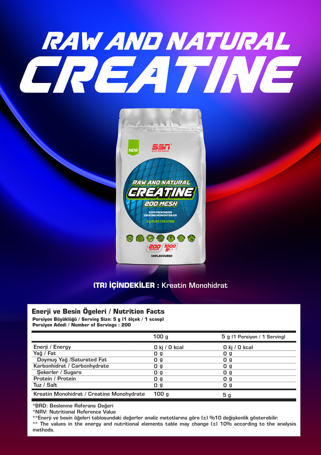 SSN Kreatin 1000g Aromasız 200 Servis Raw and Natural Creatine