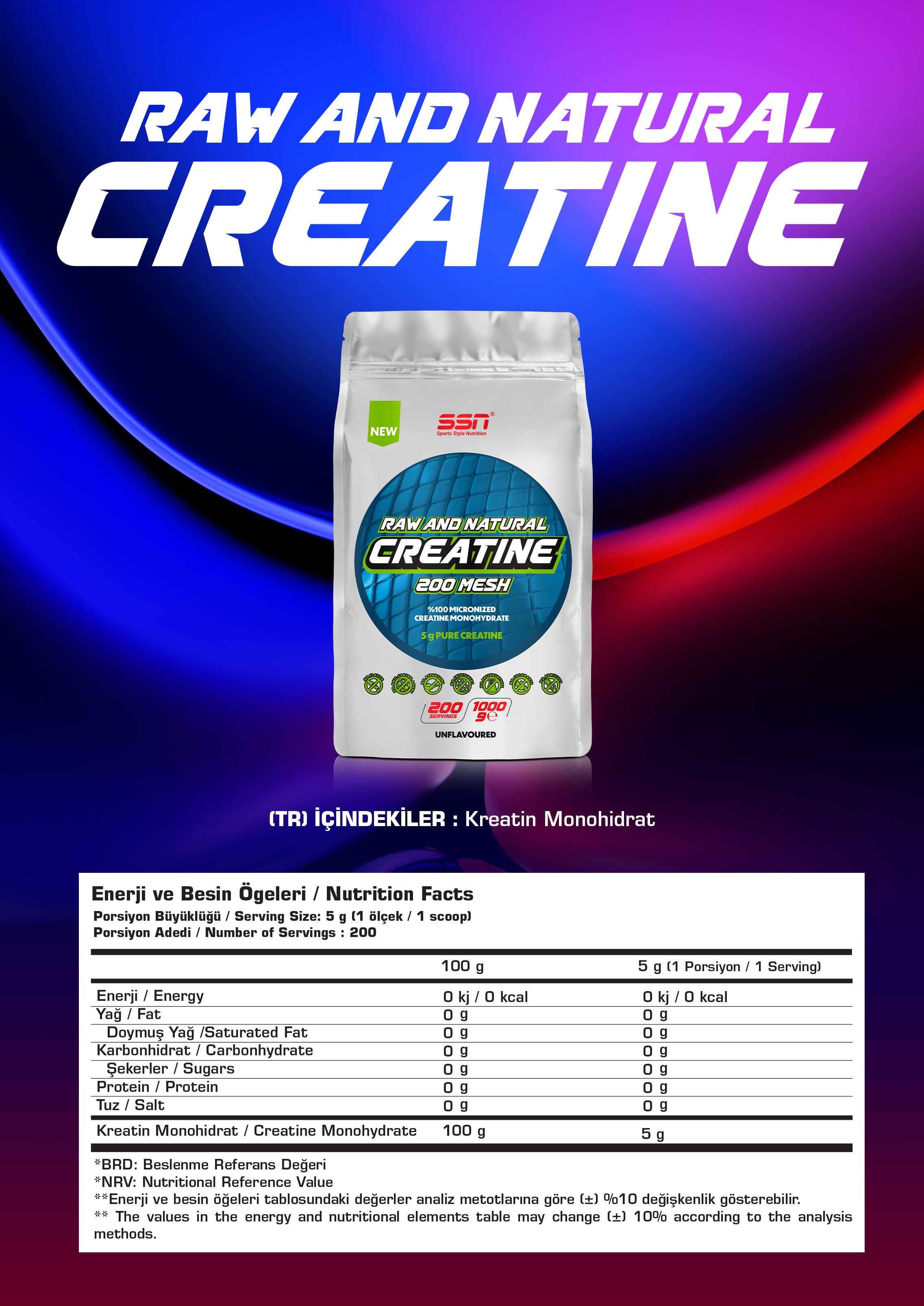SSN Kreatin 1000g Aromasız 200 Servis Raw and Natural Creatine