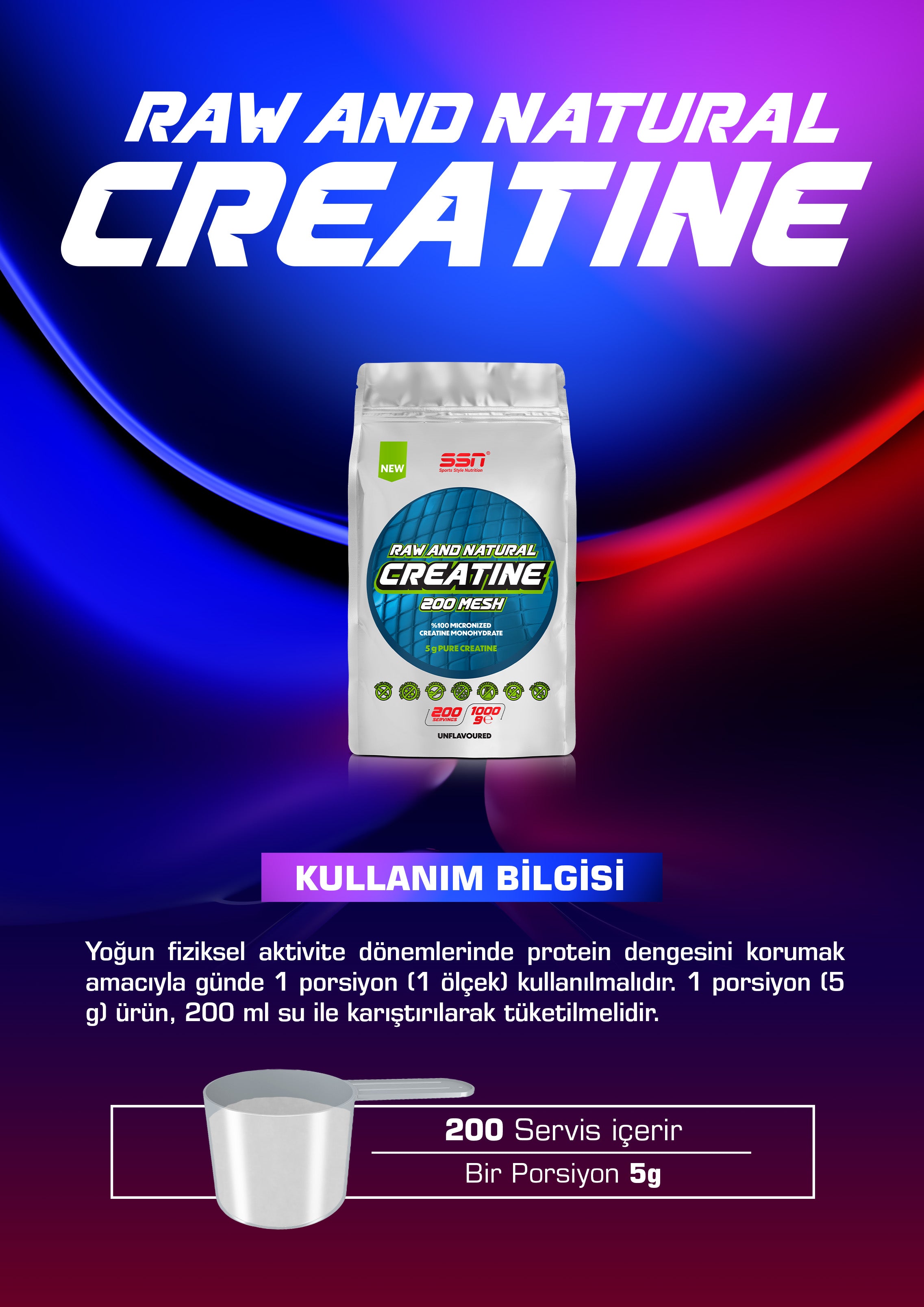 SSN Kreatin 1000g Aromasız 200 Servis Raw and Natural Creatine