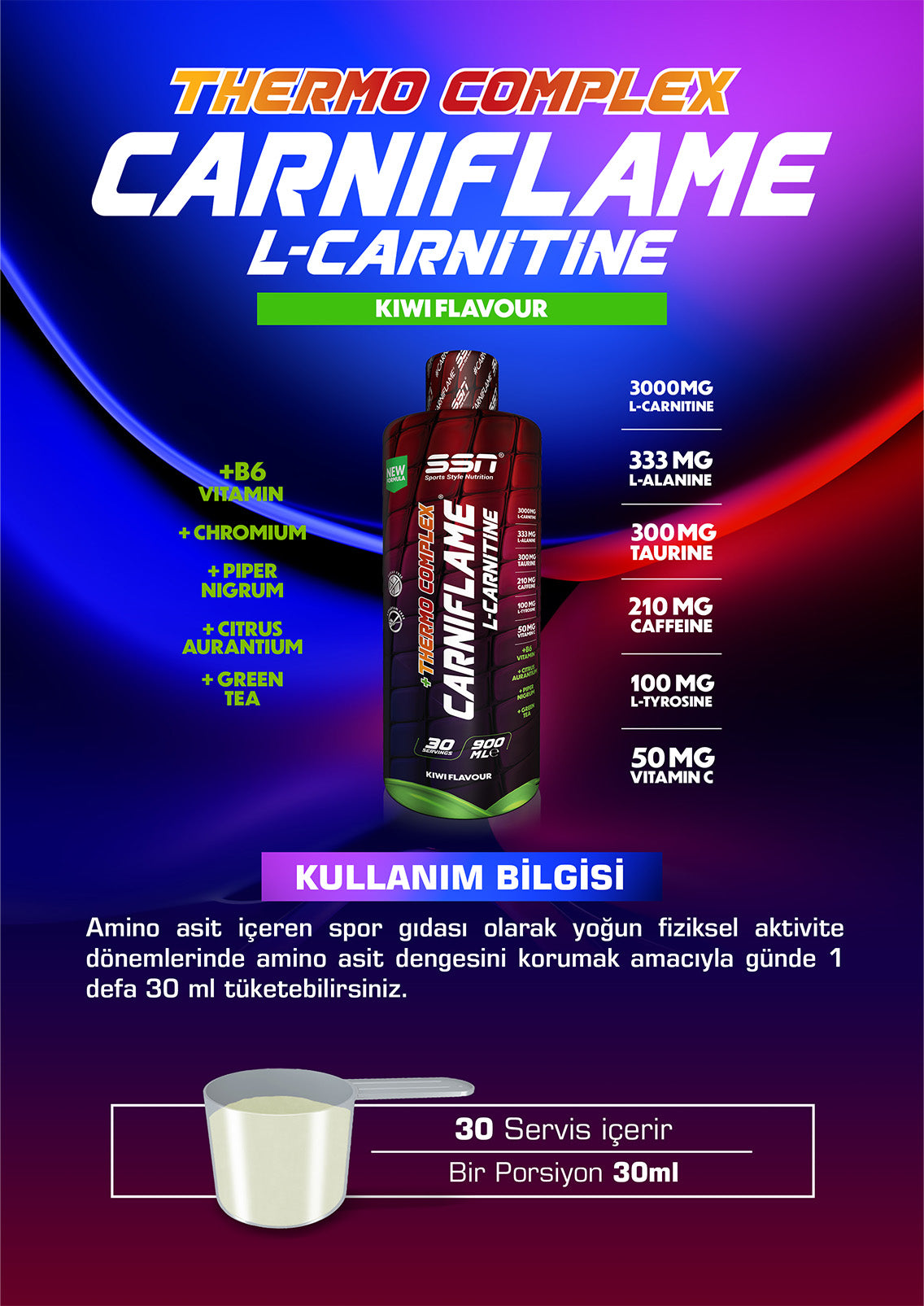 SSN Carniflame 3000mg L-Karnitin 900ml Kivi Aromalı
