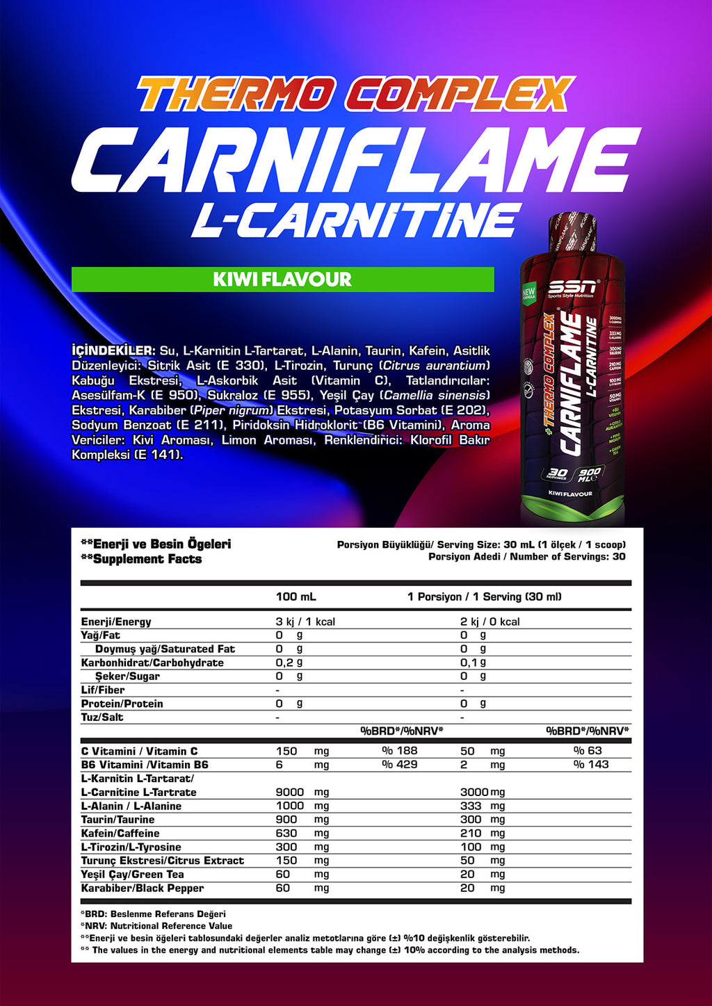 SSN Carniflame 3000mg L-Karnitin 900ml Kivi Aromalı