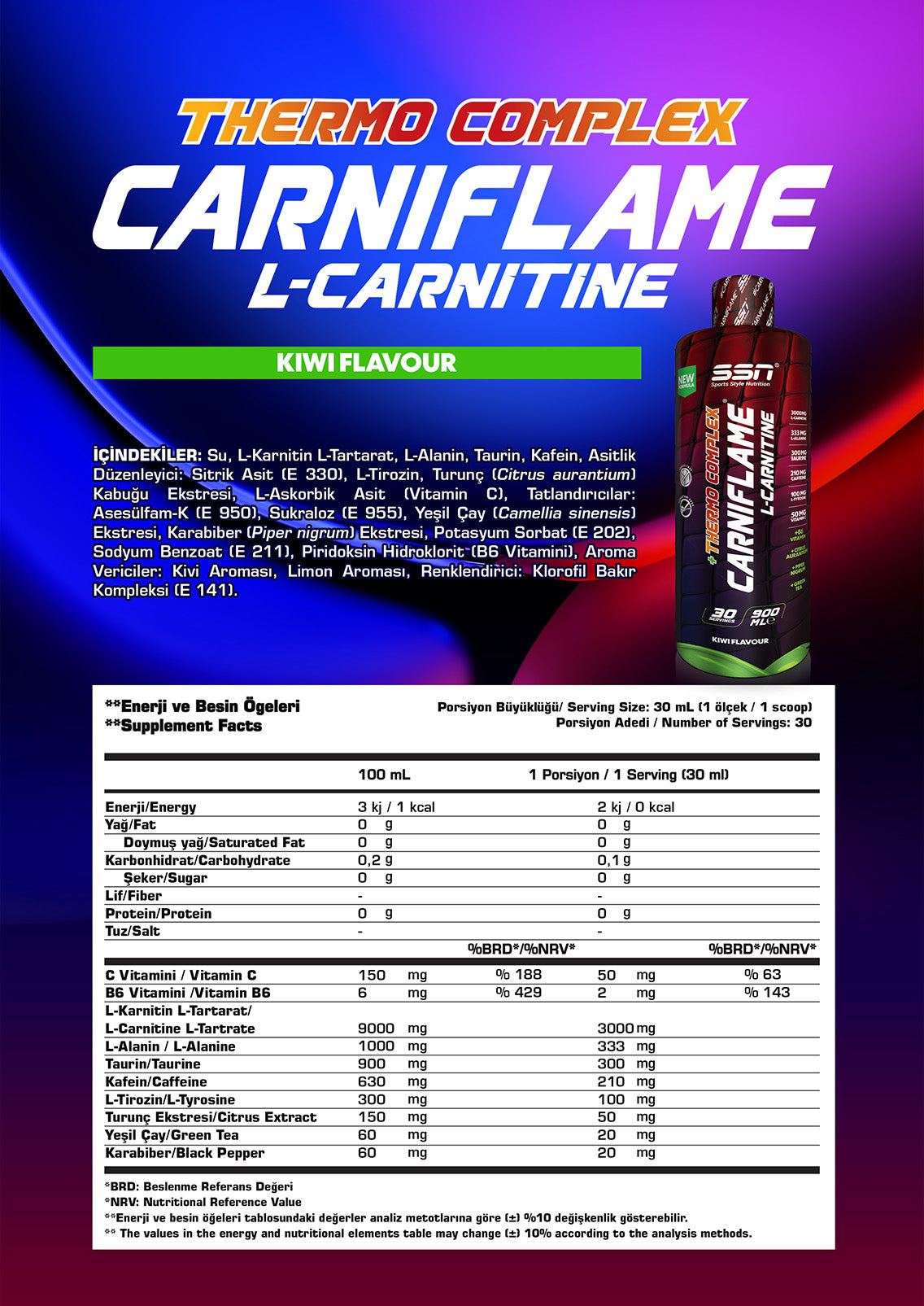 SSN Carniflame 3000mg L-Karnitin 900ml Kivi Aromalı