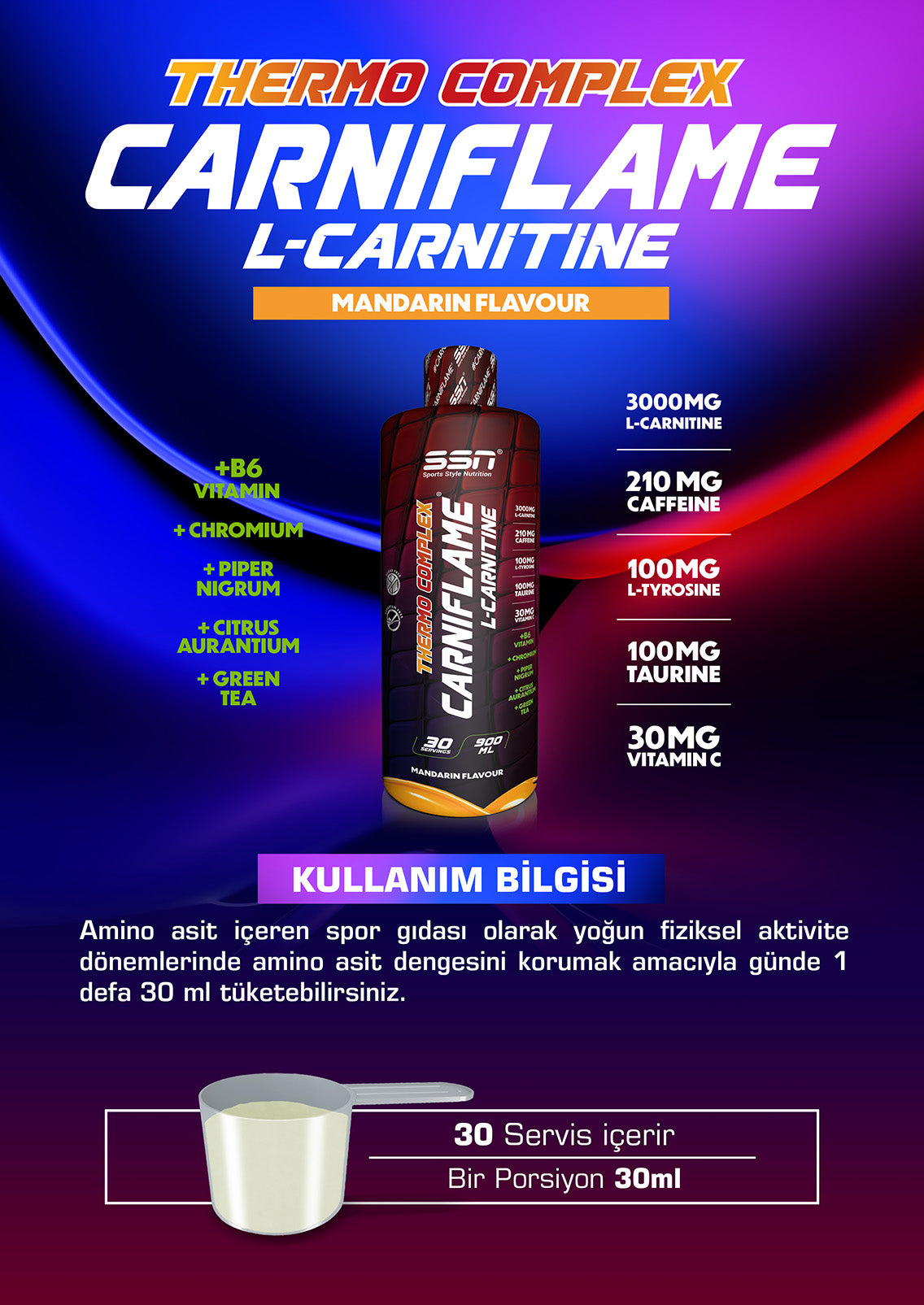 SSN Carniflame 3000mg L-Karnitin 900ml Mandalina Aromalı Carnitine
