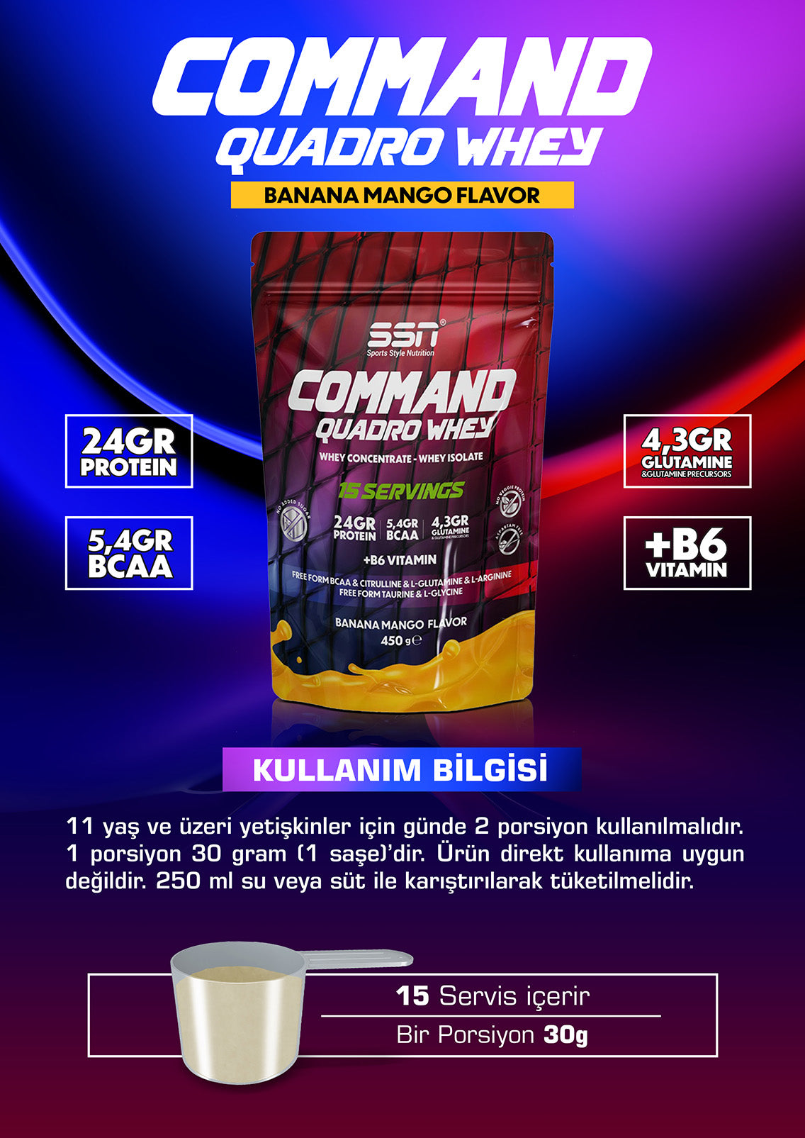 SSN Command Quadro Whey 450g - Muz-Mango Aromalı Protein Tozu (Doypack)
