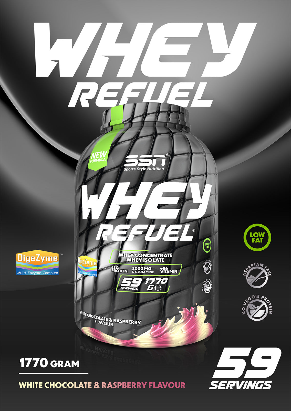SN Whey Refuel 1770g - White Chocolate and Raspberry Protein Powder Secondary image