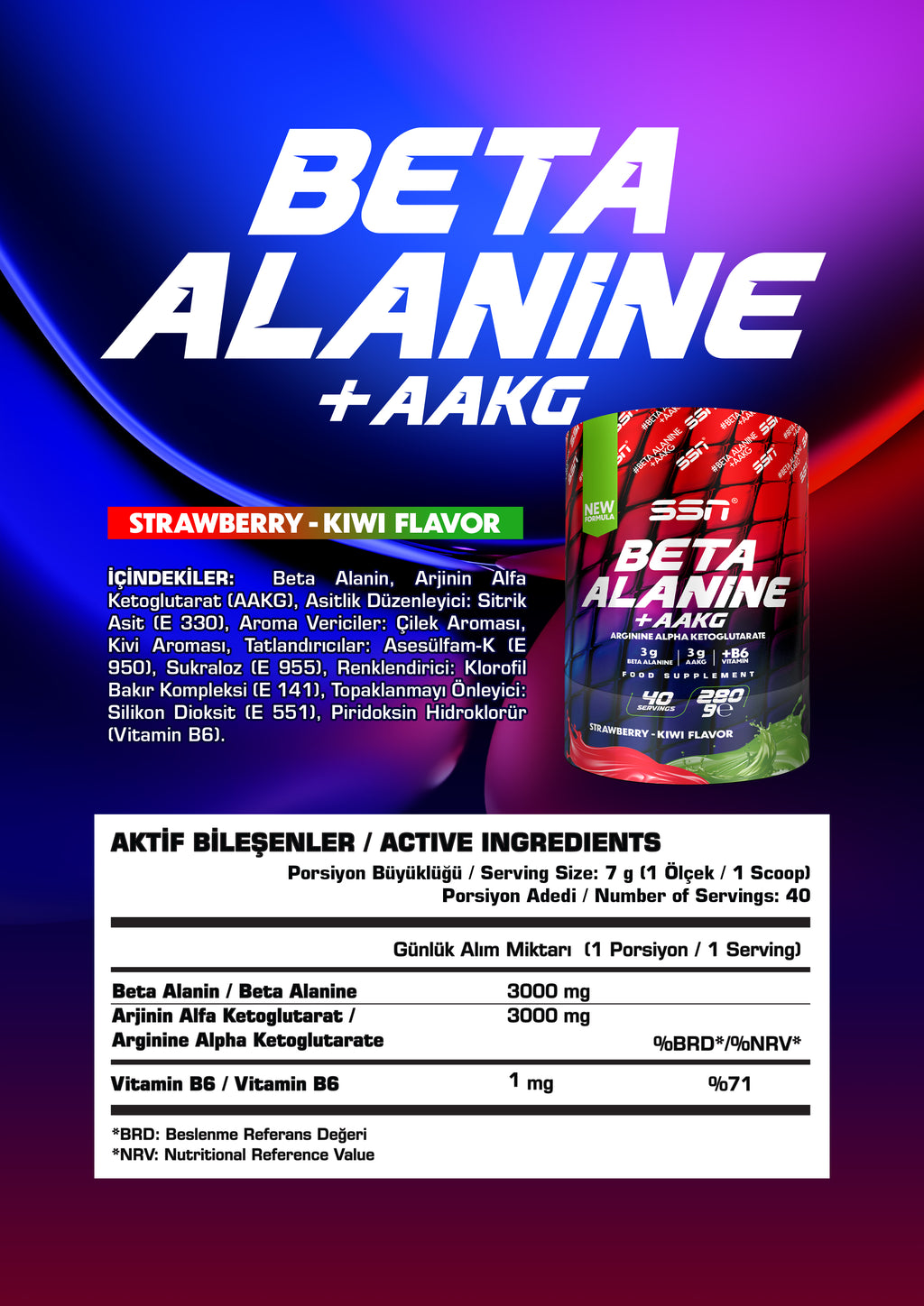 SSN Beta Alanin + AAKG Refuel 280g - Çilek Kivi Aromalı Takviye