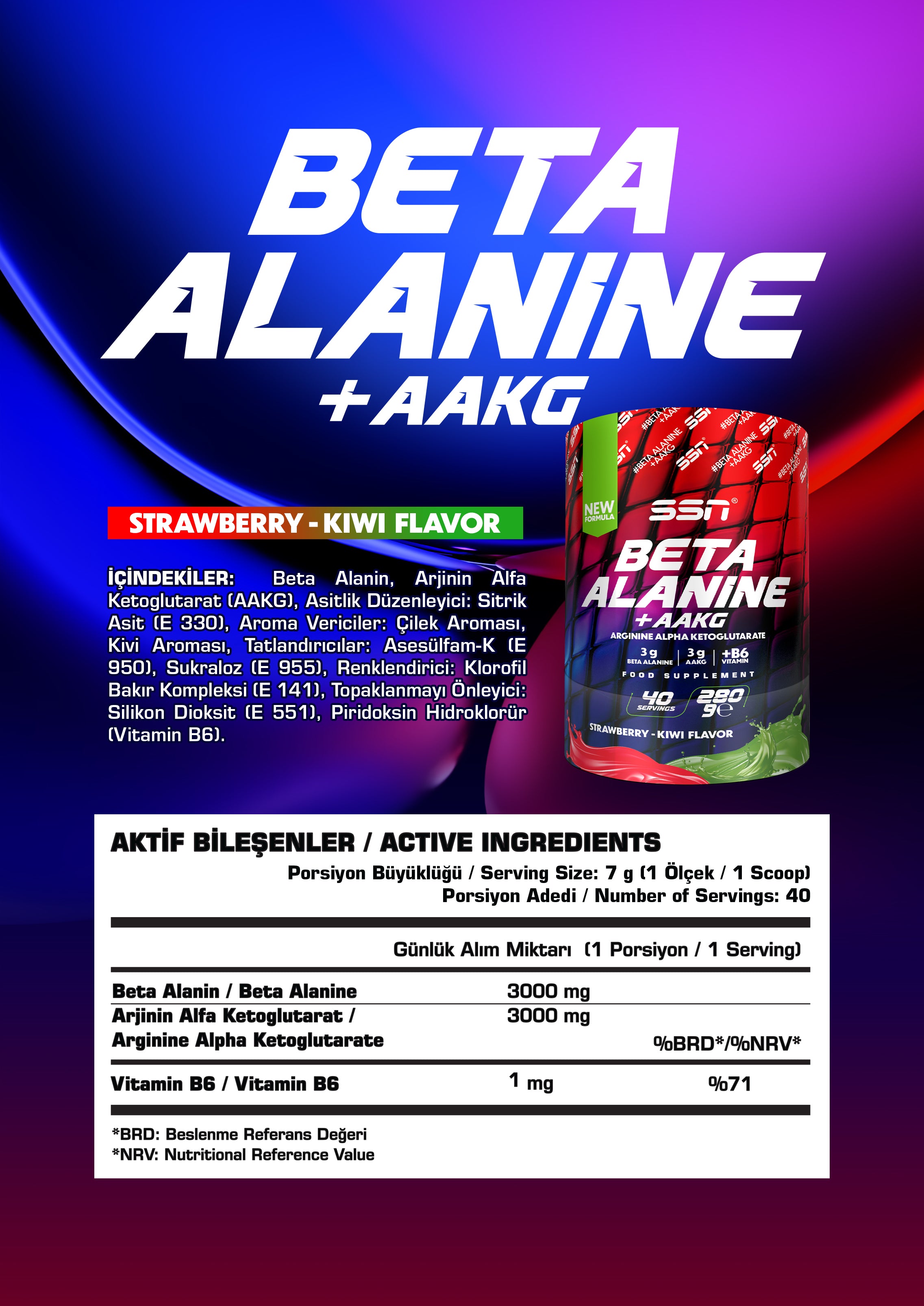 SSN Beta Alanin + AAKG Refuel 280g - Çilek Kivi Aromalı Takviye