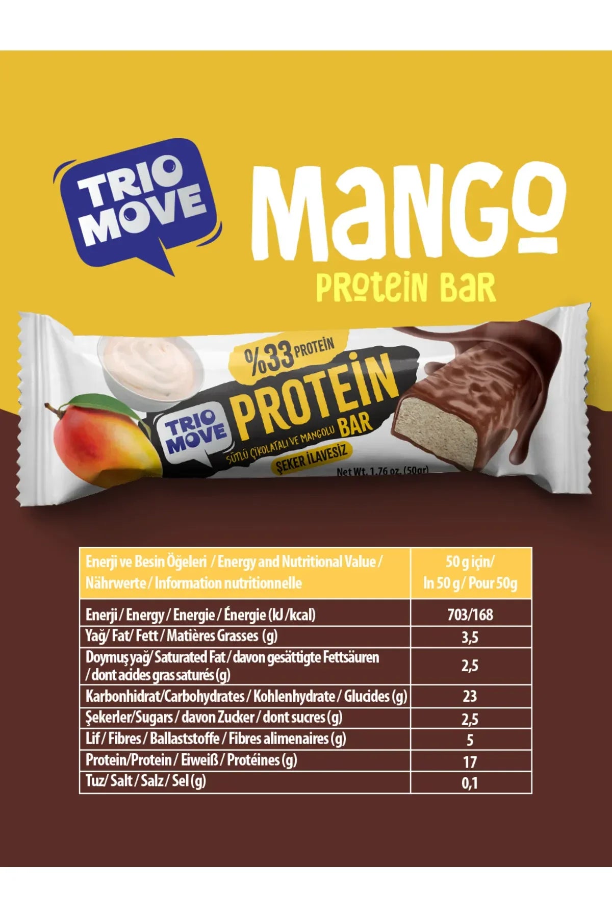 Trio Move %33 Protein Bar Mango 50g - Yüksek Protein (Tekli)