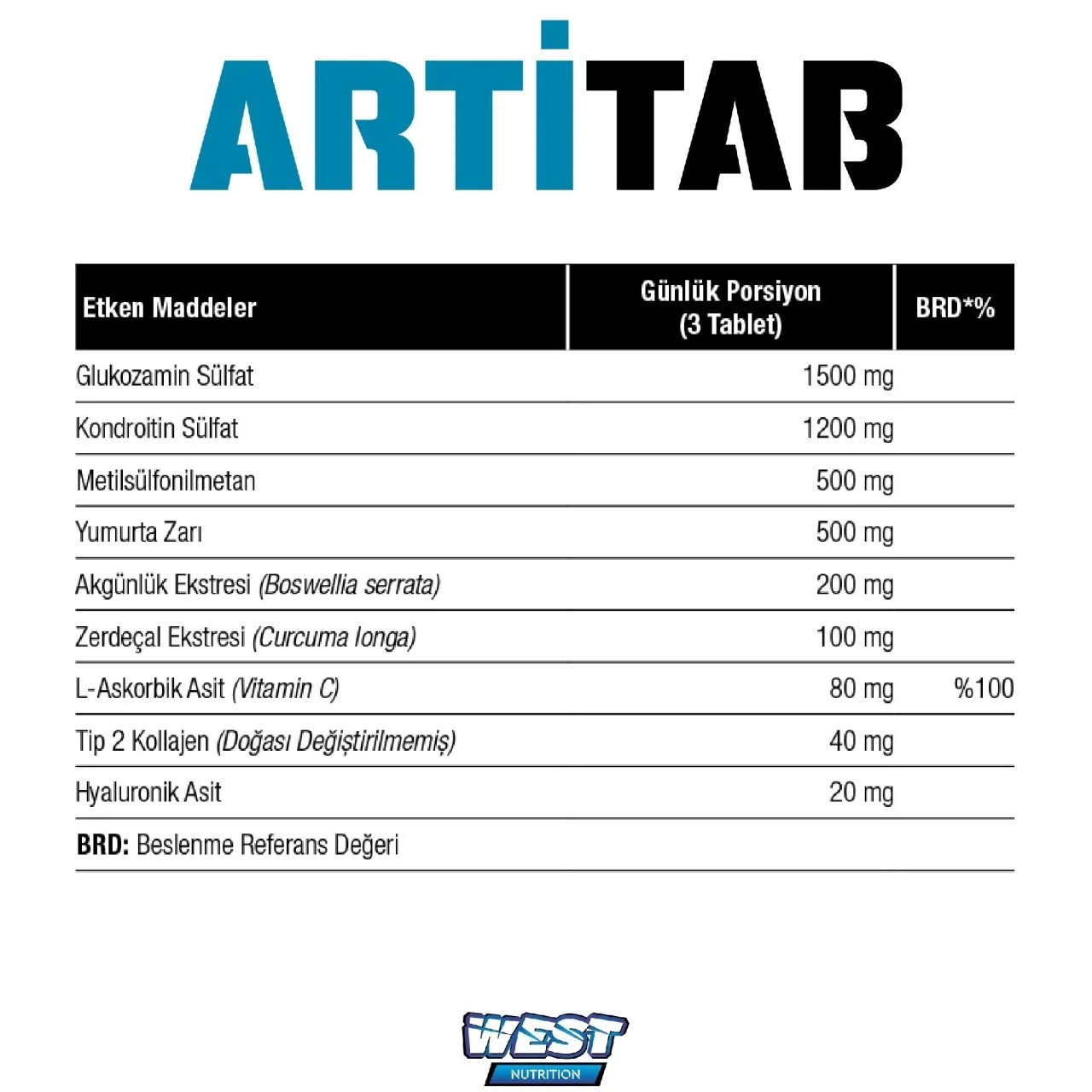 West Artitab Glukozamin Sülfat - Kondroitin Sülfat - MSM - Hyaluronik Asit - Tip 2 Kollajen 90 Tablet