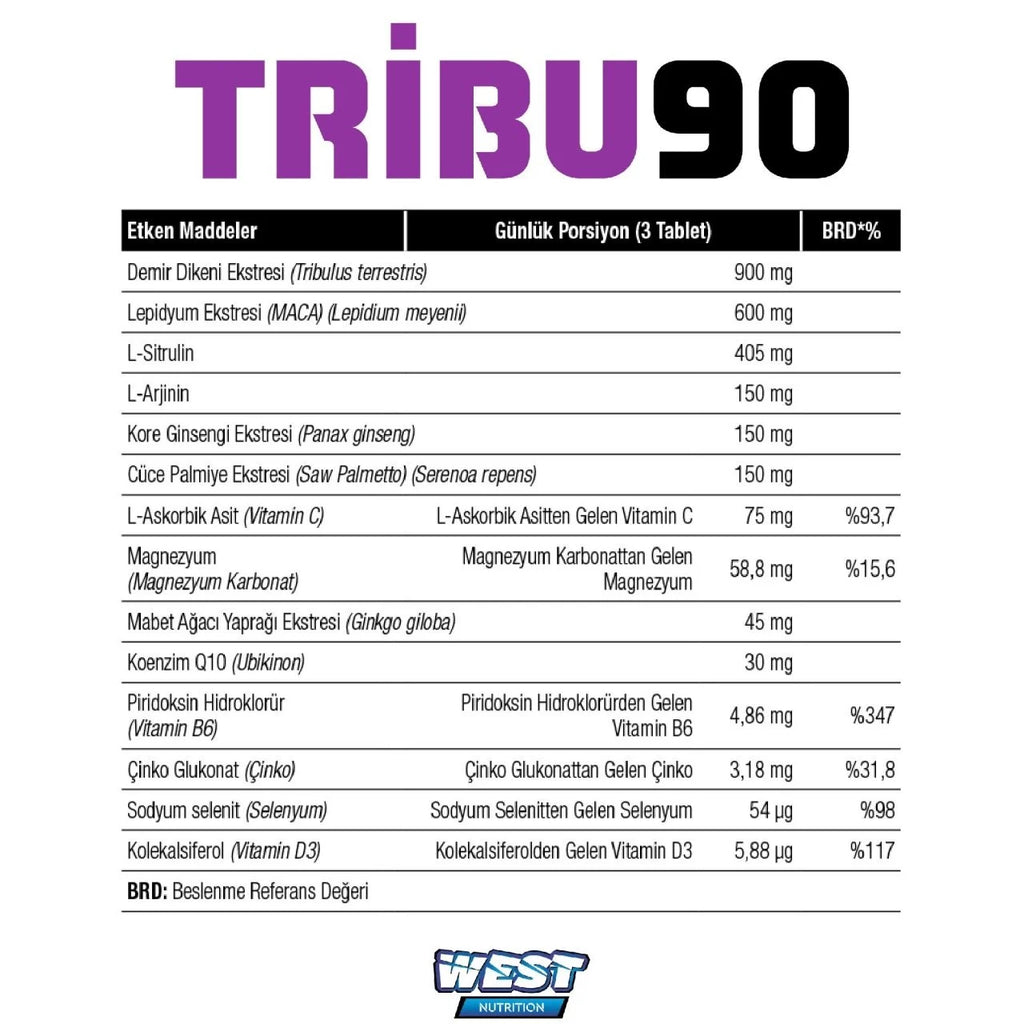 West Demir Dikeni Ekstresi - Tribu90 Erkeklere Özel Tribulus & Lepidyum(Maca) Ekstresi 90 Tablet